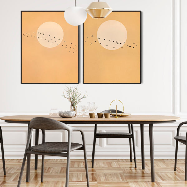 Japandi Framed Canvas Pictures Birds Moon Framed Set of 2
