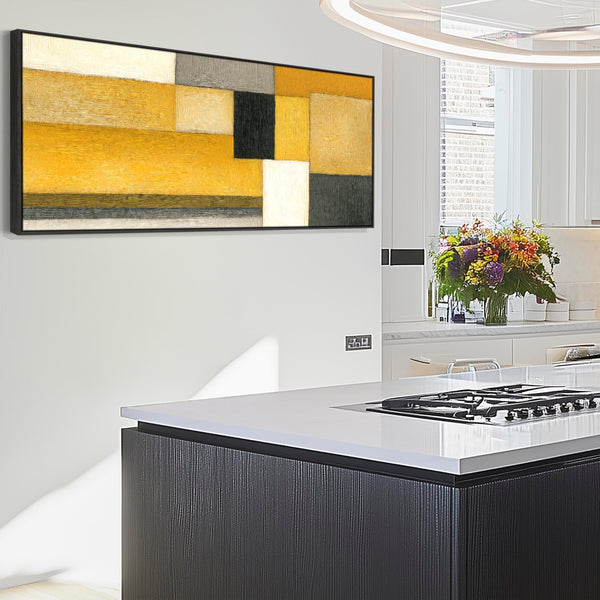 Wide Mustard Yellow Grey Framed Horizontal Canvas Wall Art - Abstract Steps