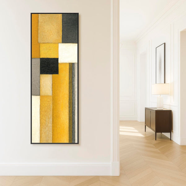 Upright Mustard Yellow Grey Vertical Framed Canvas Wall Art - Narrow Steps