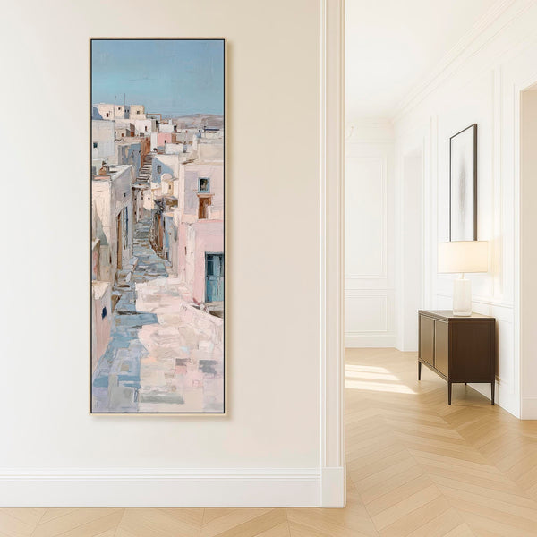Tall Pastel Blue Cream Framed Wall Art Canvas Narrow Dusky Path