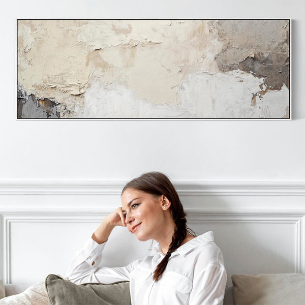 Long Thin Panoramic Wall Art Canvas Neutral Cream Grey Abstract