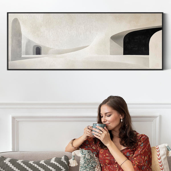 Long Thin Narrow Artwork on Canvas Modern Wide Beige Black Panoramic