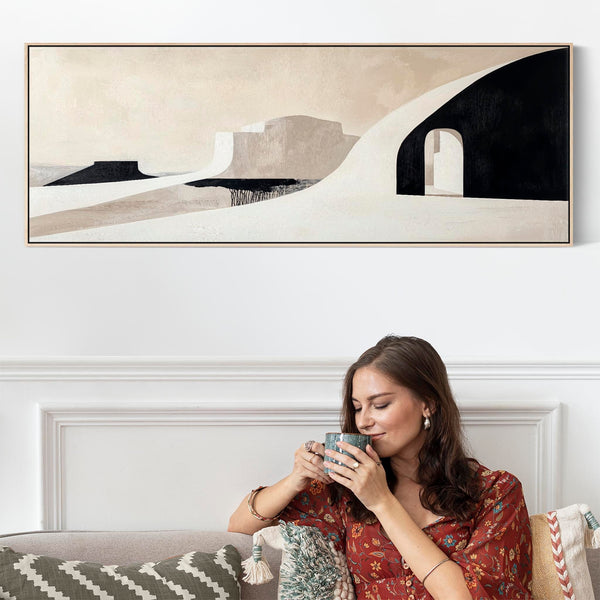 Panoramic Horizontal Artwork Print on Canvas Neutral Beige Black Abstract