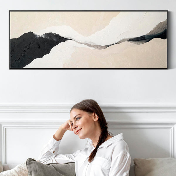 Wide Narrow Horizontal Wall Art Print Neutral Beige Black Panoramic