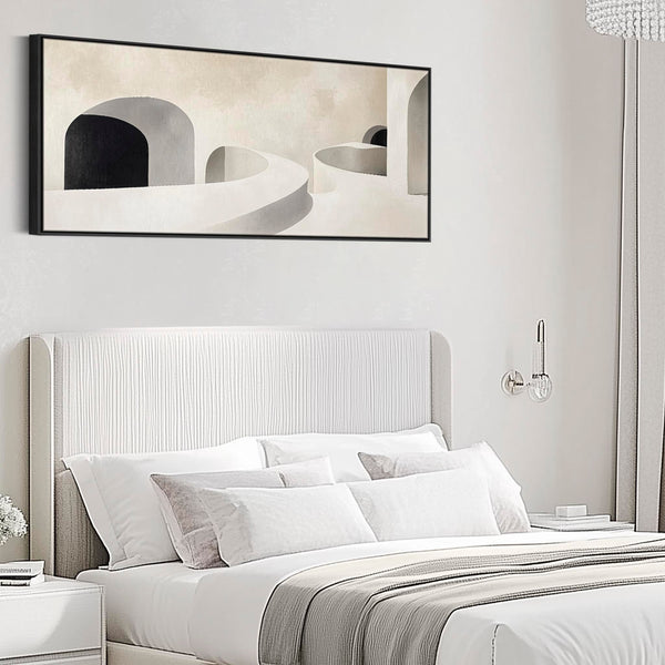 Modern Bedroom Wall Art over Bed Long Narrow Beige Black Panoramic