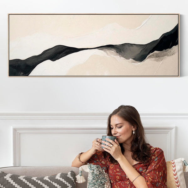 Wide Neutral Beige Black Framed Horizontal Canvas Wall Art Print