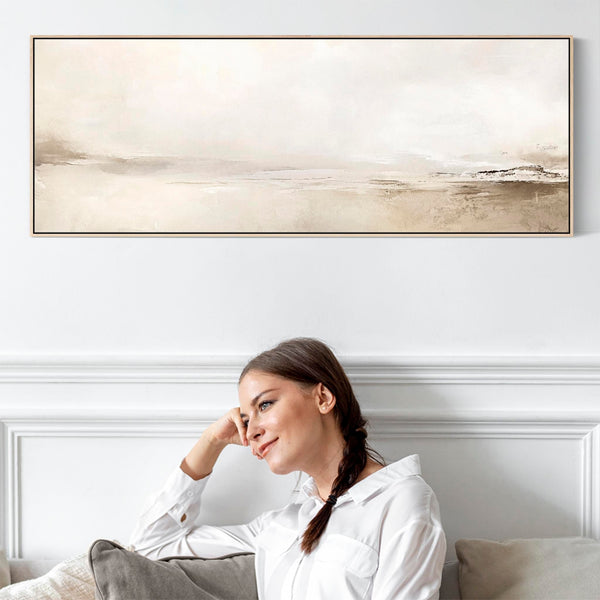 Wide Framed Artwork Canvas over Bed Neutral Abstract Panoramic
