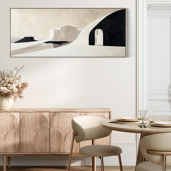 Panoramic Horizontal Artwork Print on Canvas Neutral Beige Black Abstract
