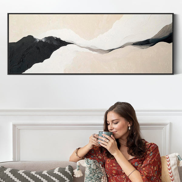 Wide Narrow Horizontal Wall Art Print Neutral Beige Black Panoramic
