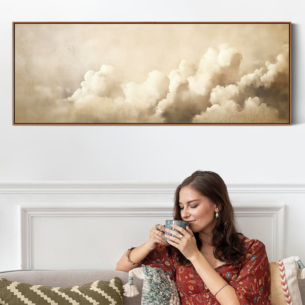 Neutral Beige Clouds Wide Narrow Framed Horizontal Wall Art Print