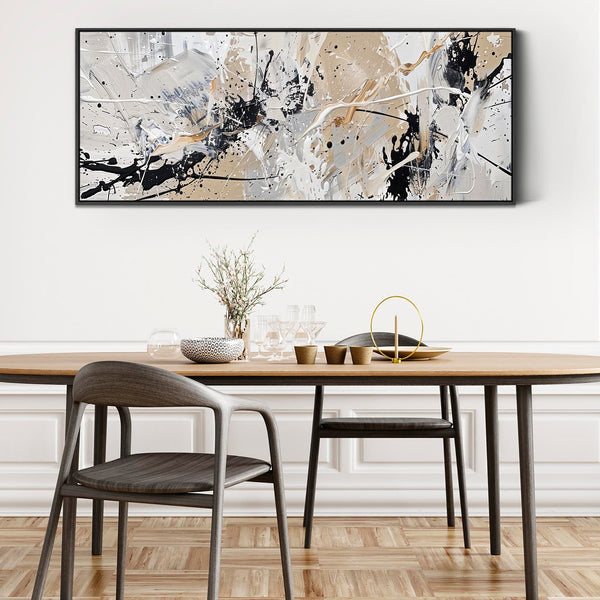 Neutral Black Jackson Pollock Style Wide Artwork Framed Horizontal Illusion