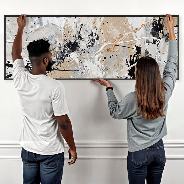 Neutral Black Jackson Pollock Style Wide Artwork Framed Horizontal Illusion