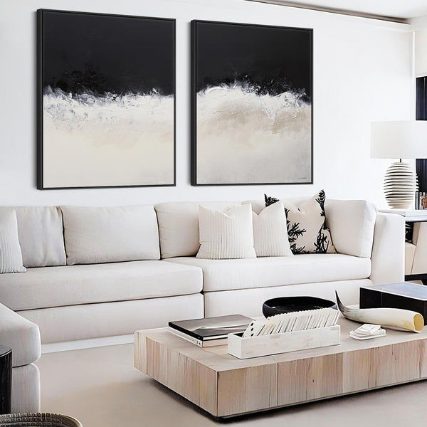 Large Set 2 Cream Neutral Black Framed Wall Art Abstract Shores