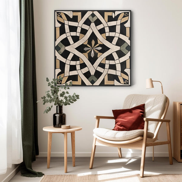 Living Room Framed Moroccan Canvas Art - Black Cream - Cordoba