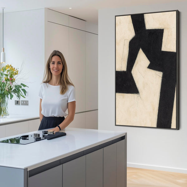 Beige Black Abstract Framed Artwork - Neutral Fracture