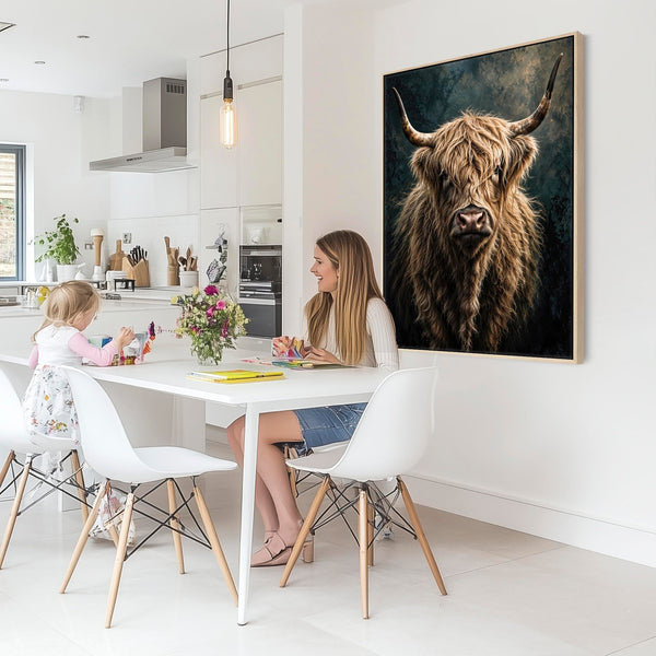 Morag - Blonde Cream Highland Cow - Teal Framed Canvas Print