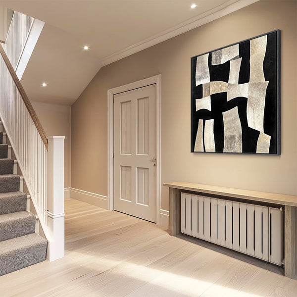 Beige Black Abstract Artwork Print Framed Canvas for Hallway Neutral