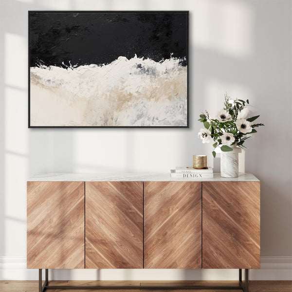 Cream Beige Black Framed Abstract Artwork Canvas Neutral Wave