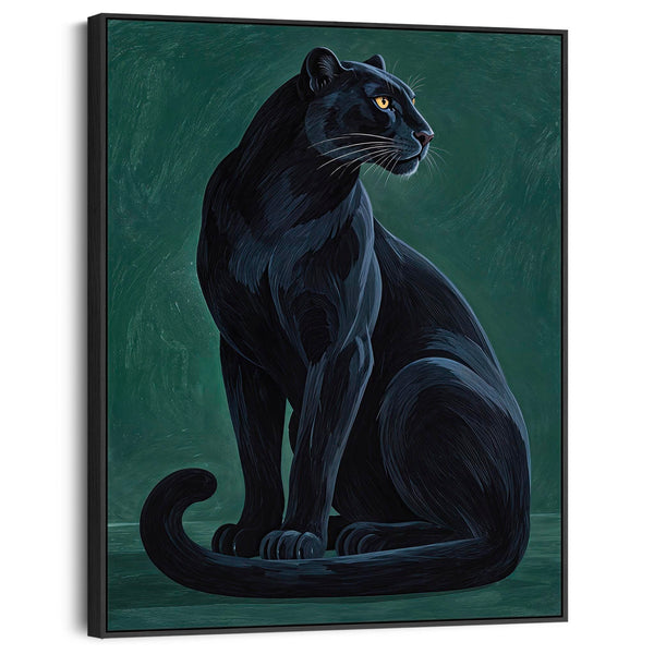 Noir - Black & Emerald Green Panther Cat Framed Wall Art Canvas