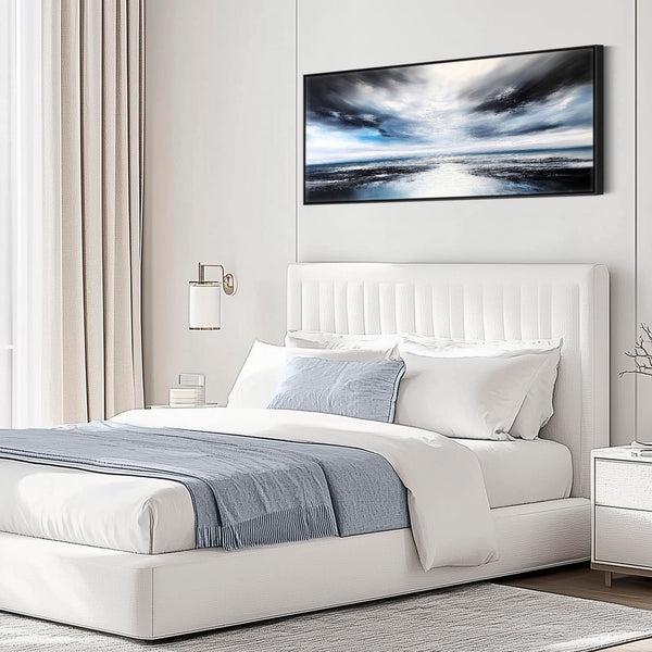 Blue White Horizontal Abstract Canvas Art - Nordic Horizon