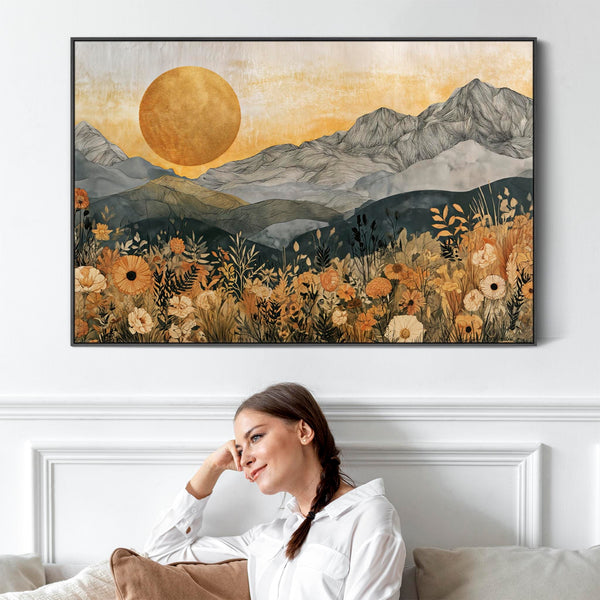 Large Boho Framed Canvas Art Ochre Abstract Landscape - Dawn
