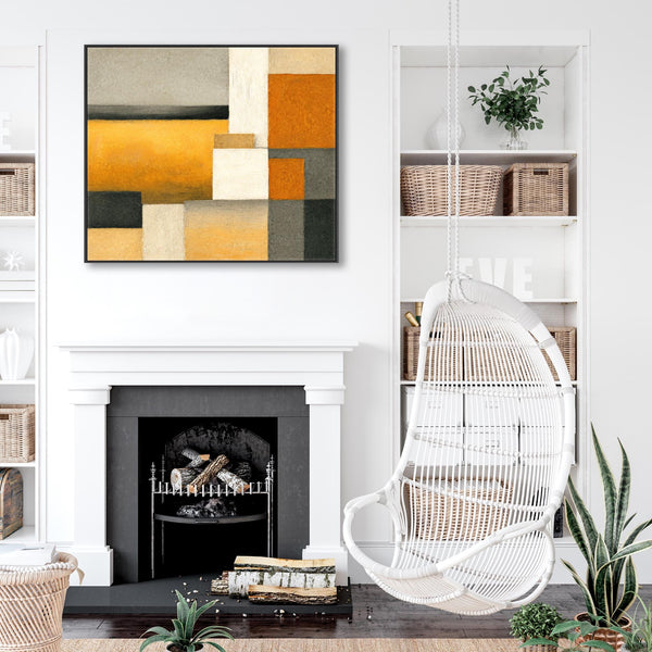 Large Mustard Yellow Orange Abstract Wall Art Framed - Ochre Balance