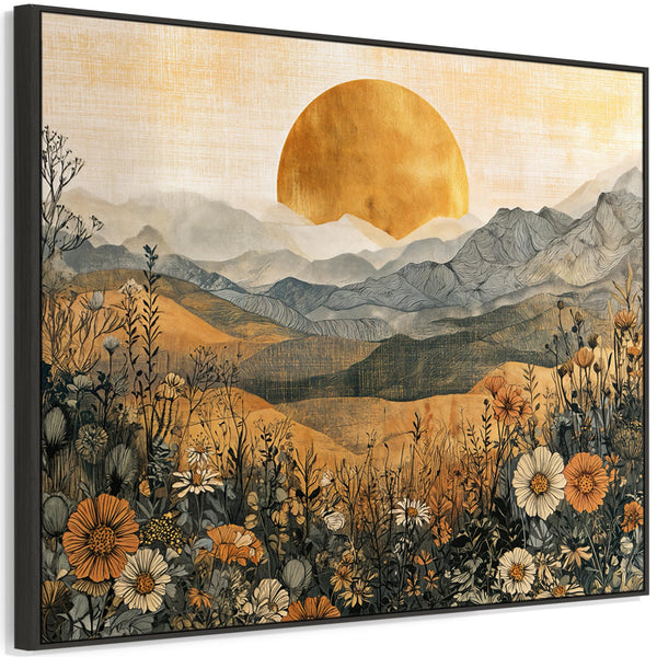Ochre Orange Grey Landscape - Boho Sunrise Framed Canvas Art