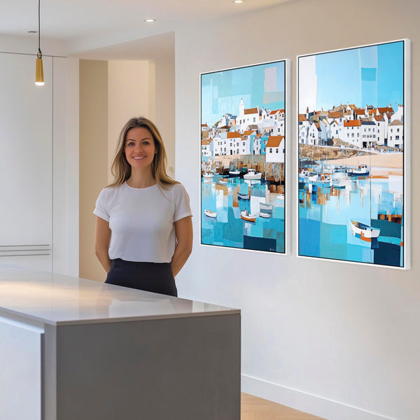 Large Set of 2 Coastal Wall Art - Framed Pair - Cornish Harbour Canvases