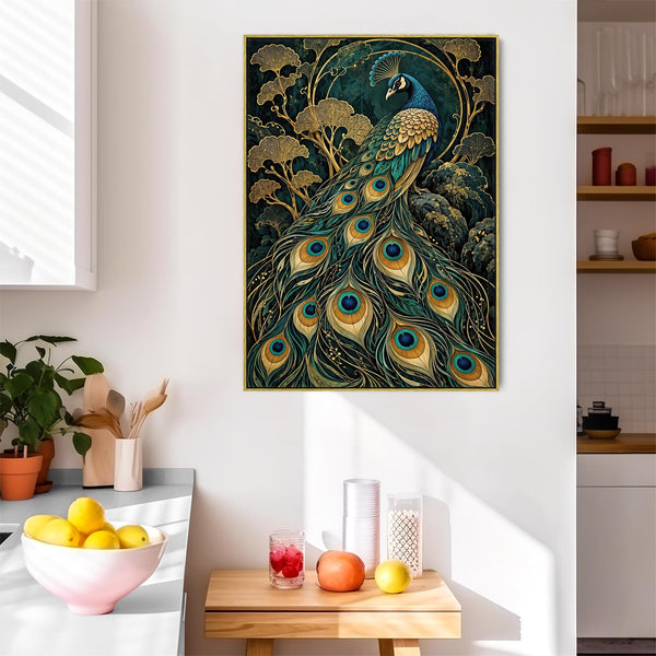 Opulence - Teal & Gold Peacock - Art Nouveau Framed Wall Canvas