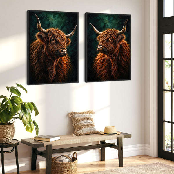 Coos - Highland Cows - Unique Pair Framed Canvases - Set of 2