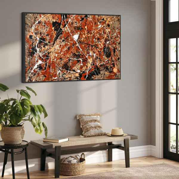 Orange Rust Cream Framed Canvas Jackson Pollock Style Abstract
