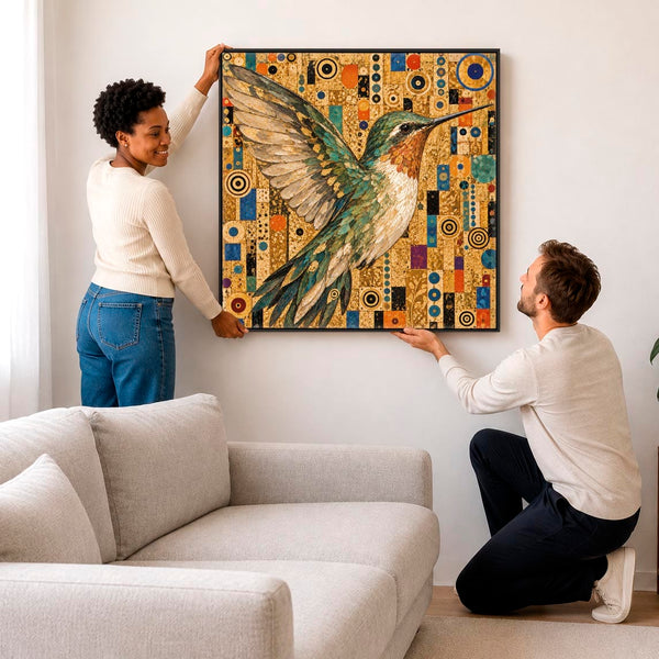 Large Gustav Klimt inspired Framed Canvas Artwork - Hummingbird