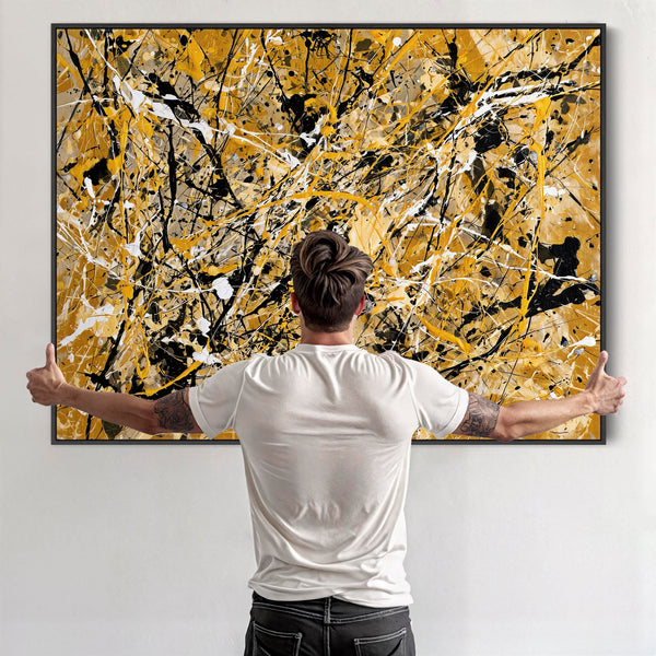 Jackson Pollock Drip Style Art XL Framed Mustard Yellow Canvas