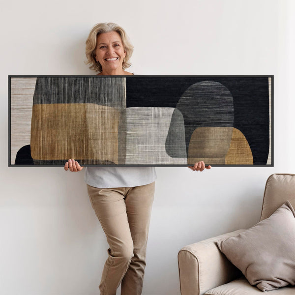 Wide Horizontal Beige Black Japandi Wall Art Wabi Sabi Stones