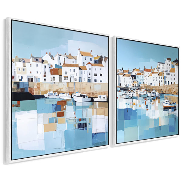 Extra Large Cornwall Harbour Framed Wall Art - Coastal Set of 2 Canvases in Blue