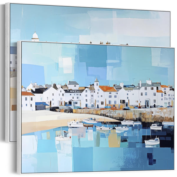 Huge Oversized Framed Wall Art - Cornish Harbour Set of 2 Canvases in Blue