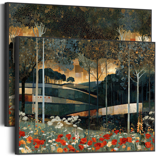 Extra Large Gustav Klimt Inspired Set 2 Framed Canvas - Poppies