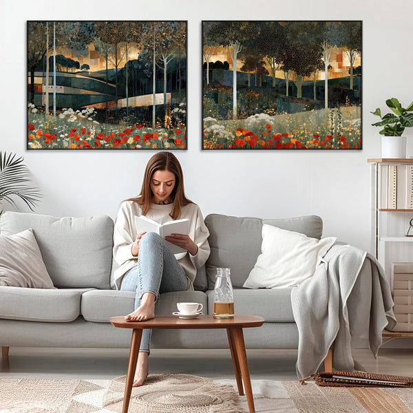 Extra Large Gustav Klimt Inspired Set 2 Framed Canvas - Poppies