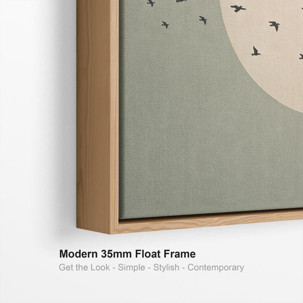 Japandi Moon - Flight Birds - Framed Canvas - Sage Green - Set of 2 Pictures