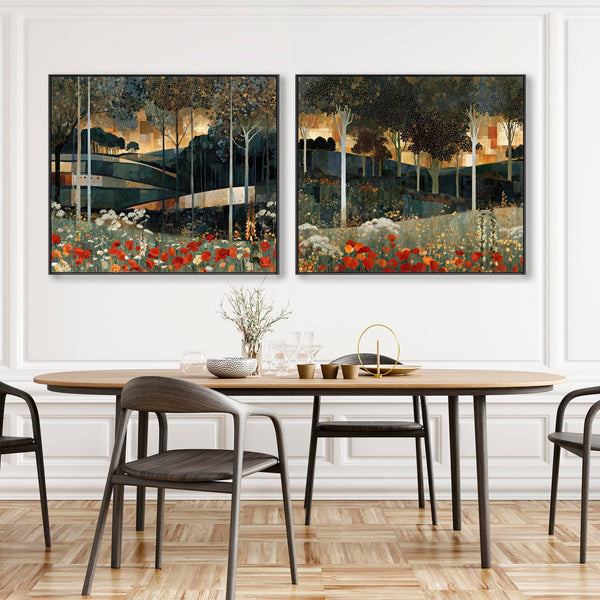 Extra Large Gustav Klimt Inspired Set 2 Framed Canvas - Poppies