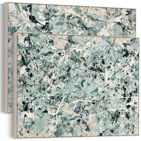 Pair Framed Canvases Sage Green Set 2 Jackson Pollock Inspired