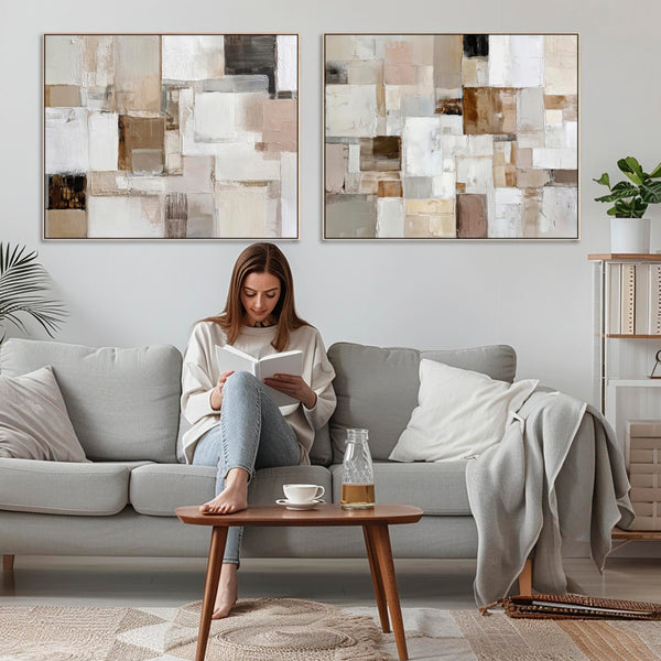 Extra Large Oversized Framed Wall Art Pair - Neutral Set of 2
