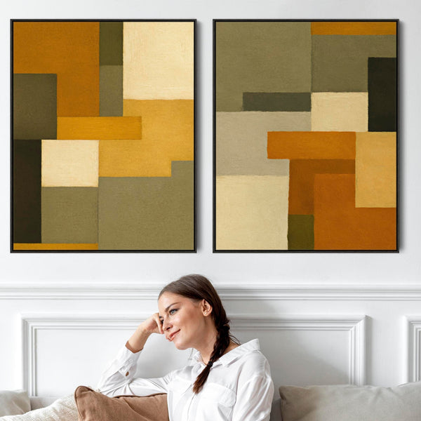 Large Mustard Green Pair of Abstract Framed Canvas Set of 2 - Cozy Earth
