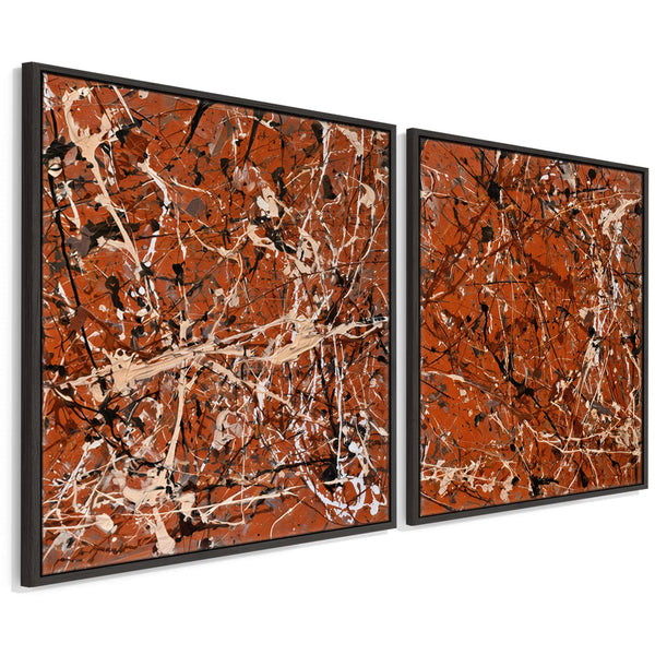 Large Jackson Pollock Style Pair 2 Framed XXL Canvases - Umber
