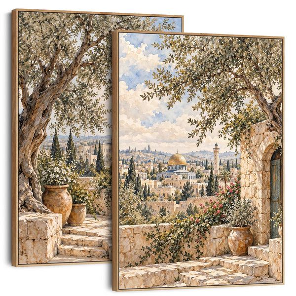 Pair Framed Islamic Canvases - Palestine Mosque Skyline Set 2
