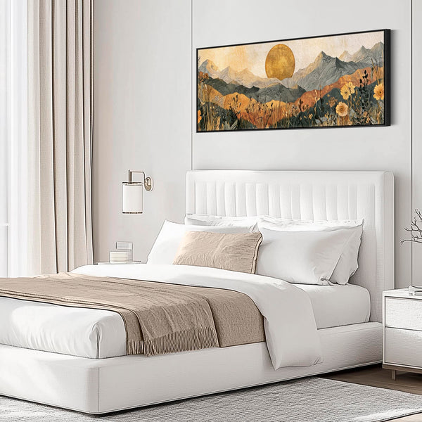 Wide Orange Grey Abstract Landscape - Boho Framed Canvas Art