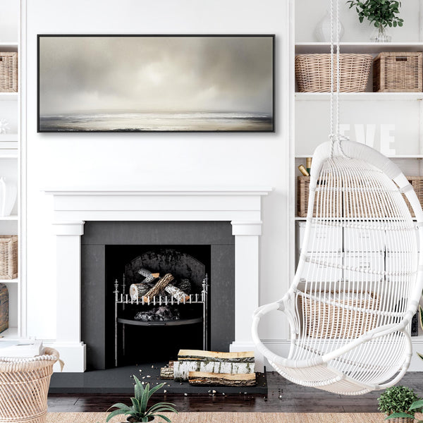 Greige Neutral Wide Framed Canvas Art Panoramic Abstract Landscape for Living Room