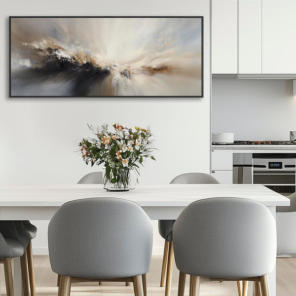 Grey Neutral Long Framed Wide Canvas Art Panoramic Abstract Landscape for Kitchen Dining Room