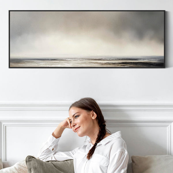Grey Neutral Long Framed Wide Canvas Art Panoramic Abstract Landscape for Kitchen