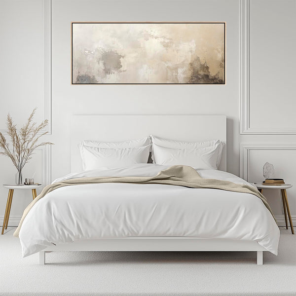 Wide Beige Neutral Framed Artwork on Canvas Abstract Panoramic for Bedroom